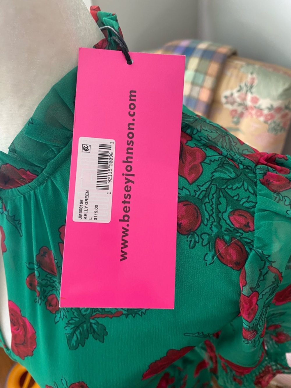 Betsey Johnson Green Maxi Dress with Pink Rose Print - Picture 4 of 12